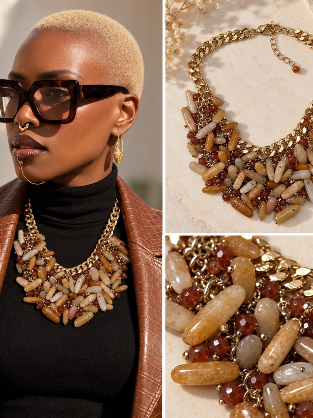 Gold Chain Necklace with Amber and Cream Beads